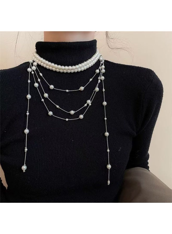 Multi-Layer Pearl Tassel Necklace Set Elegant Choker For Women Wedding Party - Image 4
